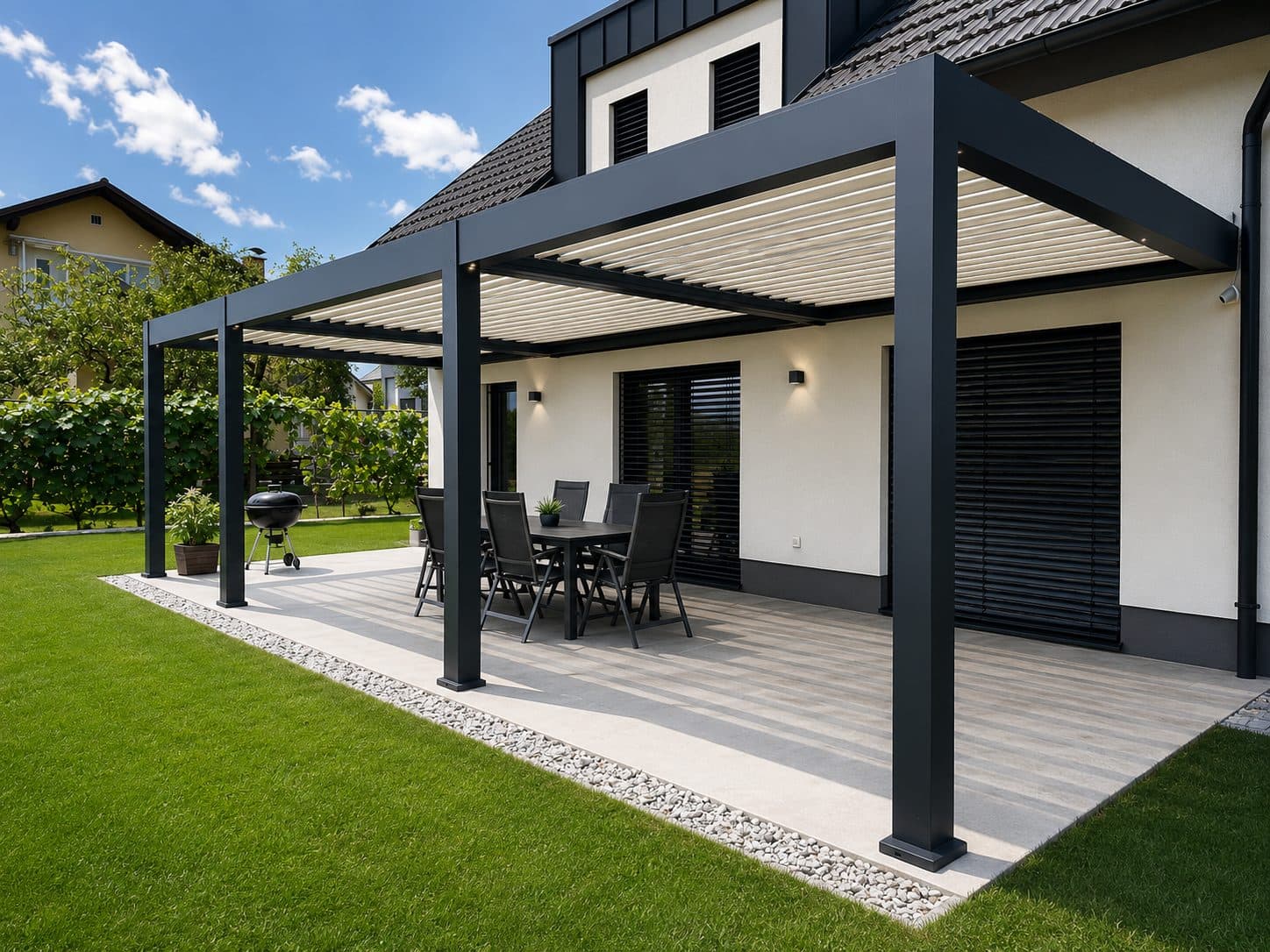 Bioklimatska aluminijasta pergola D&Z na terasi sodobne hiše – naša izvedba