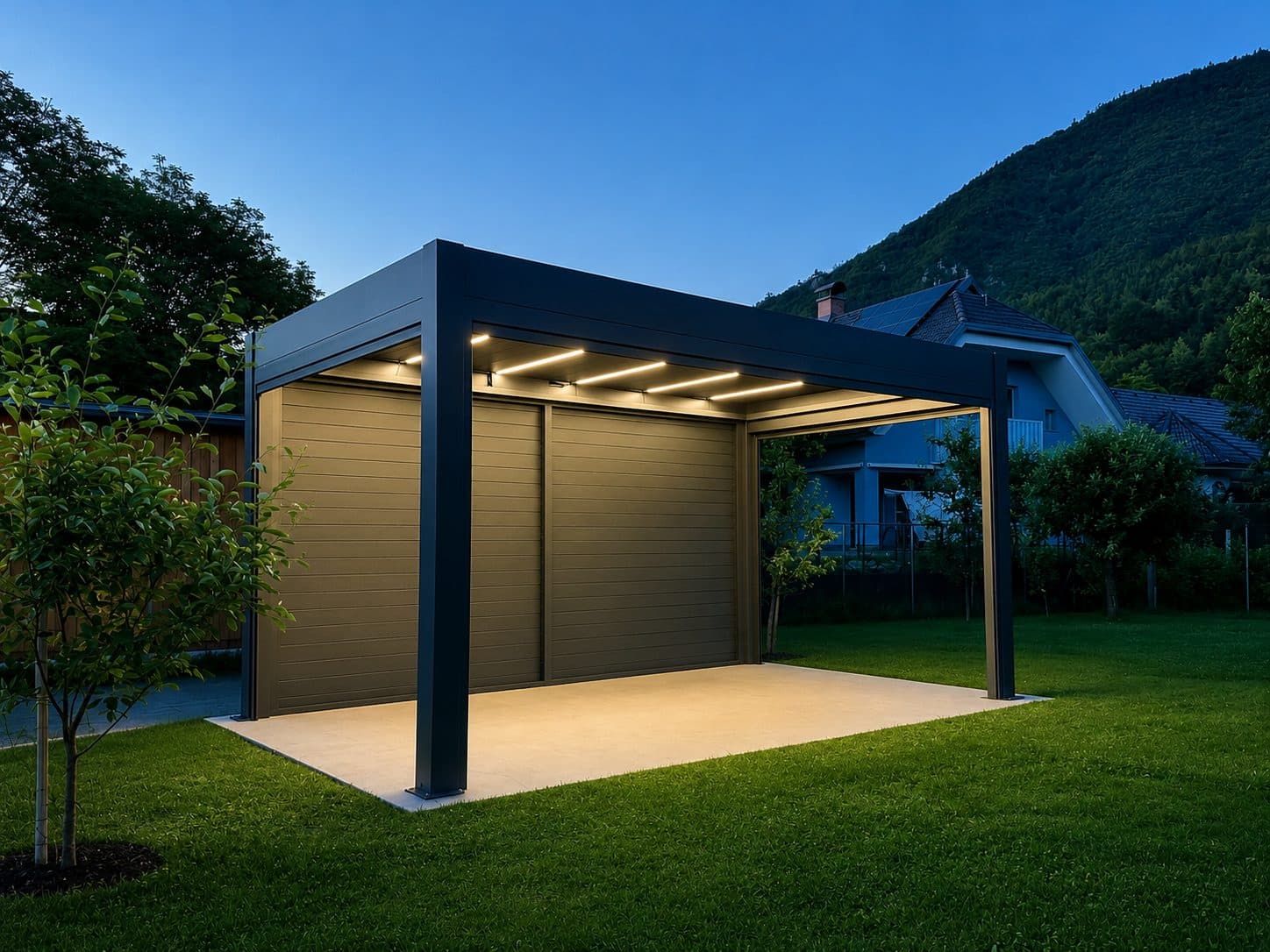 Samostoječa bioklimatska pergola z vgrajeno LED osvetlitvijo v večernem ambientu