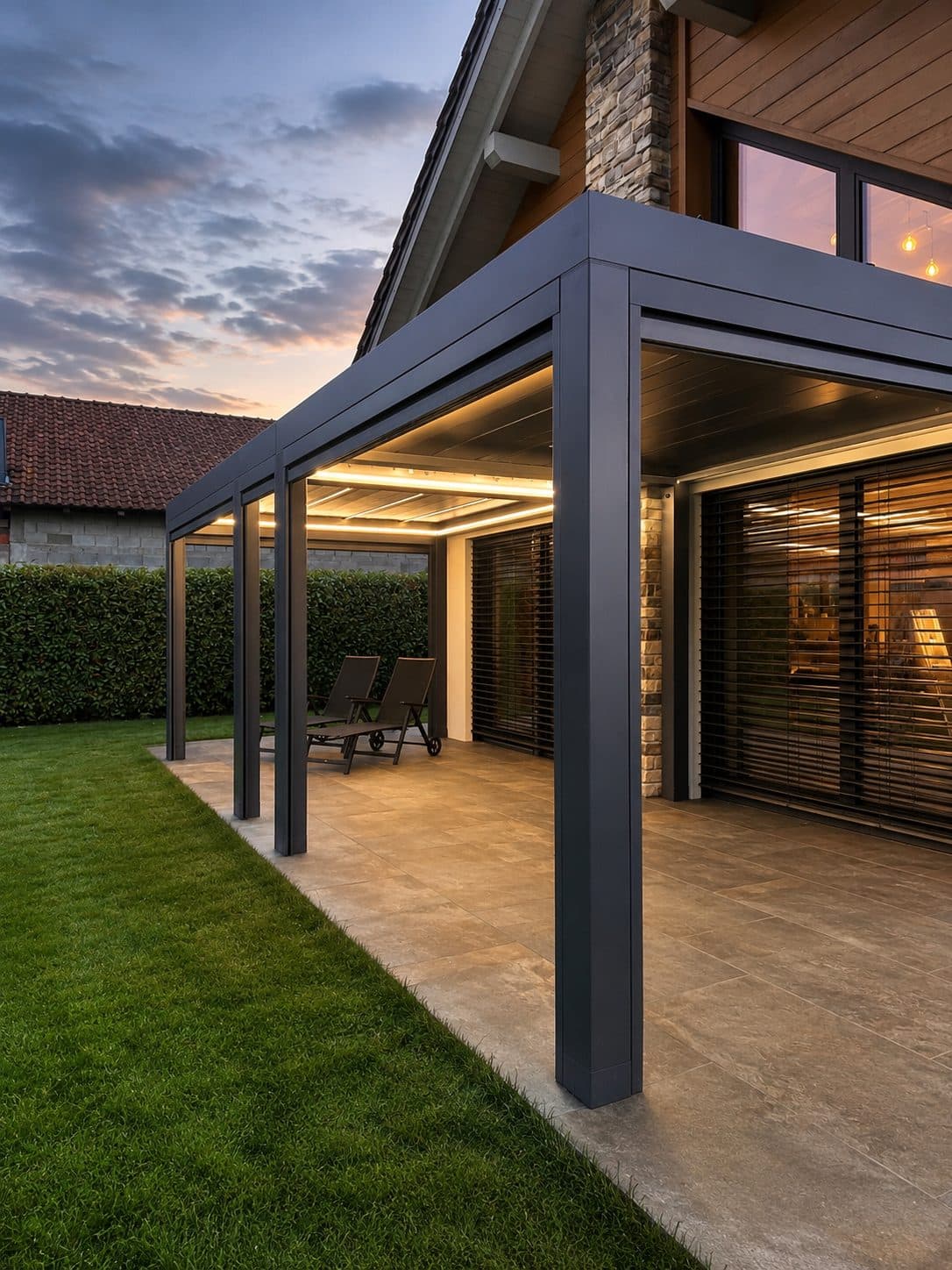 Bioklimatska pergola SMART z LED osvetlitvijo in ležalnikoma na terasi ob večeru
